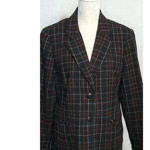 Vintage Women's Blazer Size 14 Wool Blend Black Red Plaid Pockets Two Button